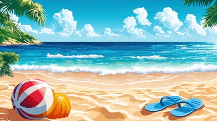 Obraz premium Idyllic beach scene with beach balls and flip-flops. (1)