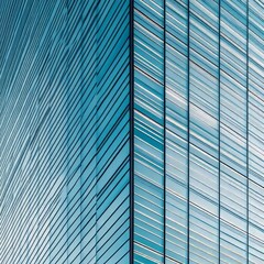 Modern glass skyscraper corner detail, blue hues, geometric lines.