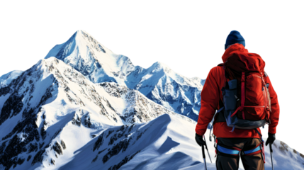 Hiker on top of the mountain on transparent background   