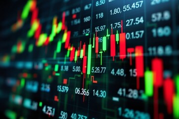 Abstract financial stock market chart background with red and green candlestick patterns on a dark screen.