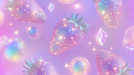 A whimsical design featuring sparkling strawberries and colorful bubbles on a soft pastel background, creating a dreamy, magical atmosphere.