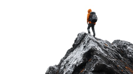 Hiker on top of the mountain on transparent background   