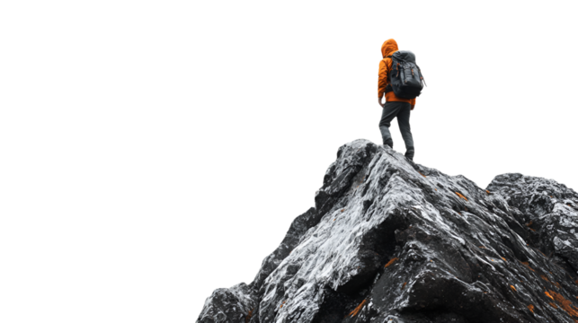 Hiker on top of the mountain on transparent background   