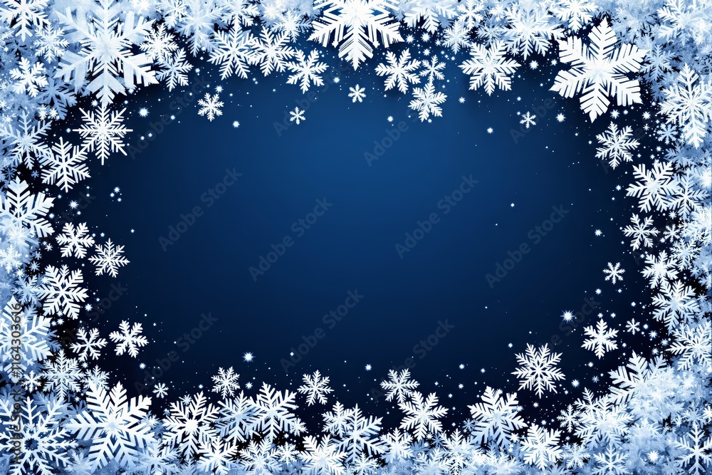 Poster White snowflakes on a blue background with central empty space for design or text.