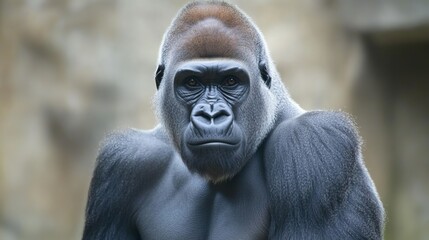 Obraz premium A majestic gorilla stares with piercing eyes, its monochrome fur contrasting starkly against the background. Its massive frame exudes a primal power