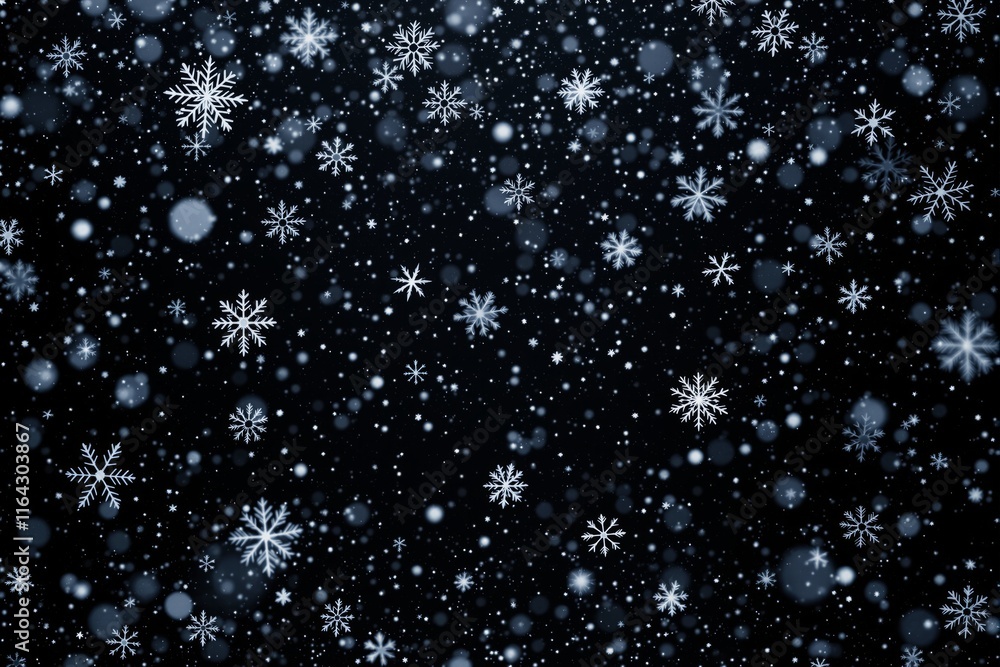 Poster Snowflakes falling on a dark background with soft light effects.