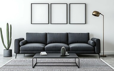 Modern living room interior with dark grey sofa, three frames, floor lamp, cactus plants, and coffee table.
