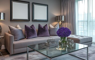 Modern living room interior with gray sectional sofa, purple pillows, glass coffee table, and flowers.