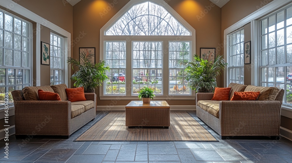 Poster Bright and airy living area features two comfortable sofas and a coffee table, enhanced by large windows that let in ample natural light. Indoor plants add a vibrant touch.