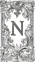 Ornate Monogram: A Decorative Letter N Framed by Intricate Flourishes