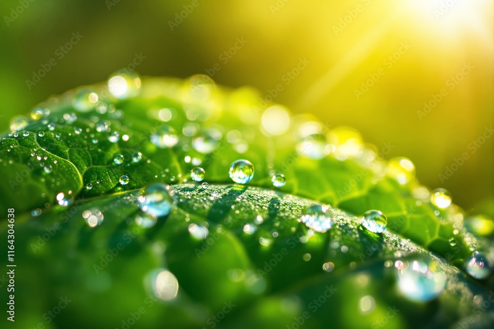 Poster close-up of water droplets on a green leaf with sunlight creating a glowing and fresh atmosphere.