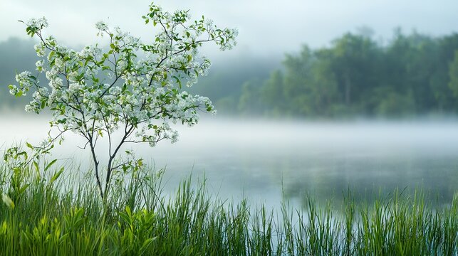   A white-flowered tree stands before a water body with tree backdrops amidst fog