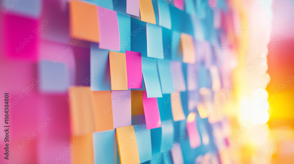 Poster vibrant multicolored sticky notes on a wall in sunlight, creating an abstract and creative display.