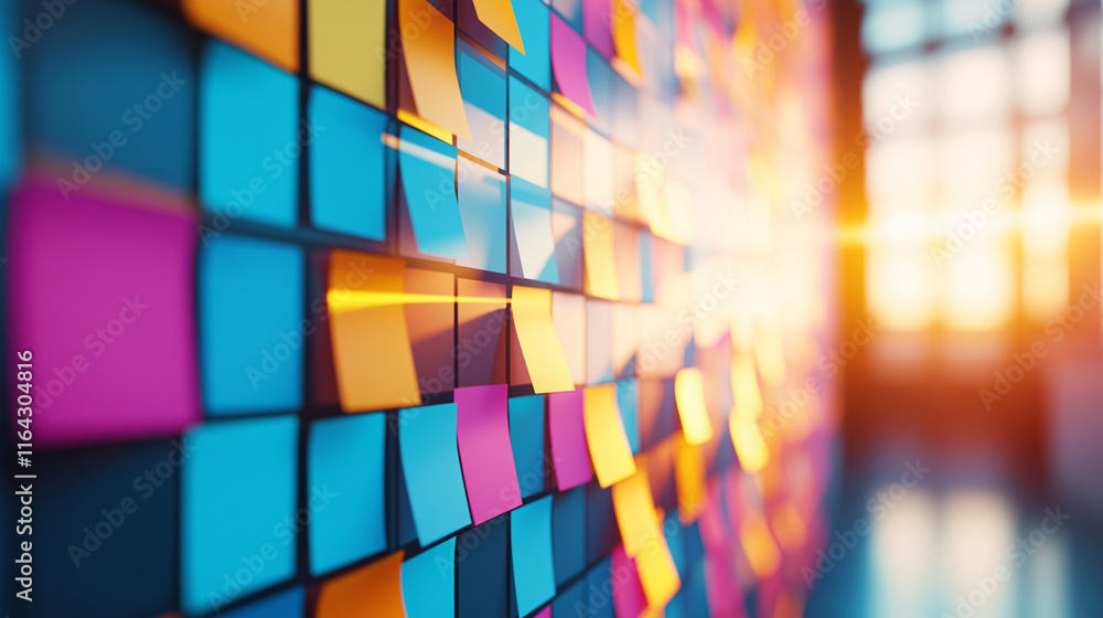 Poster vibrant multicolored sticky notes on a wall in sunlight, creating an abstract and creative display.