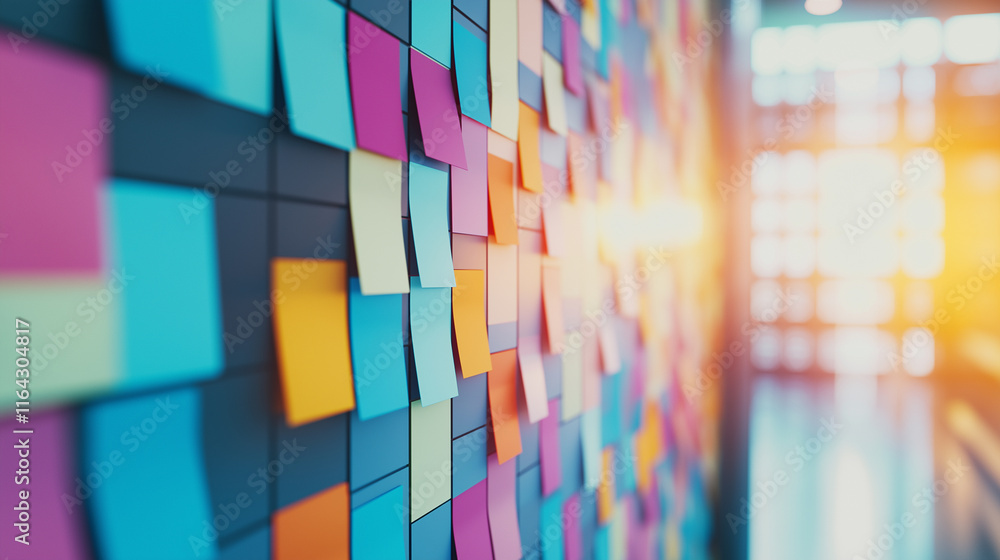 Poster vibrant multicolored sticky notes on a wall in sunlight, creating an abstract and creative display.