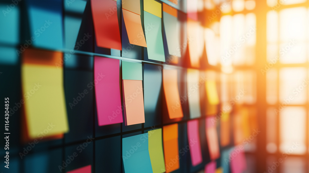 Poster vibrant multicolored sticky notes on a wall in sunlight, creating an abstract and creative display.