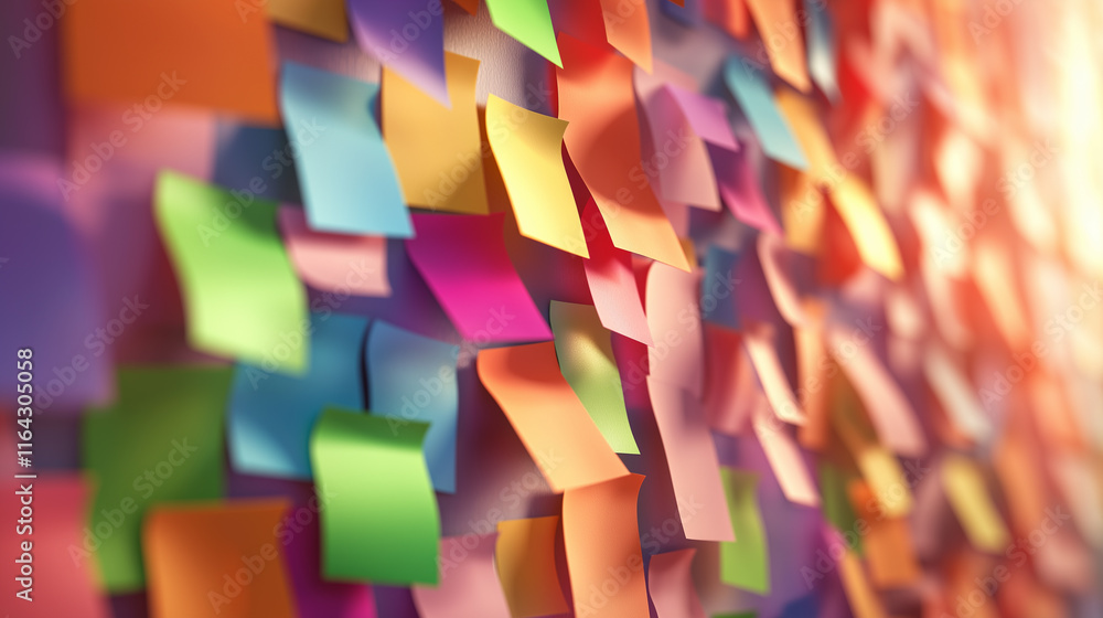 Poster vibrant multicolored sticky notes on a wall in sunlight, creating an abstract and creative display.