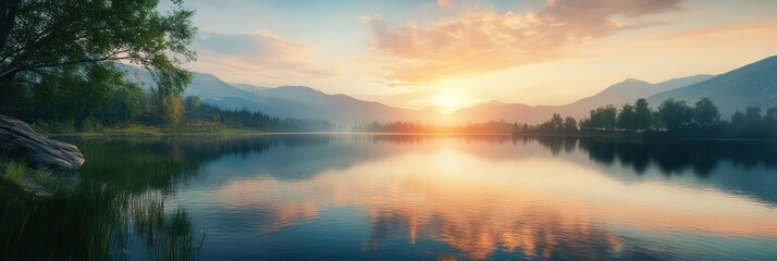 Fototapeta premium Serene Sunset Over Mountain Lake Reflecting Colors