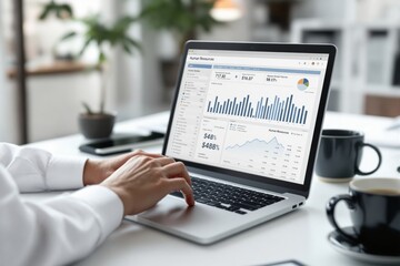 Business professional analyzing human resources data on a laptop screen in a modern office background.