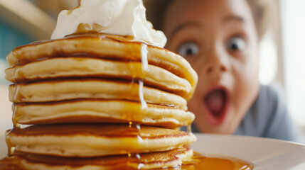 Stack of pancakes with whipped cream and syrup, with a surprised child in the blurred background.