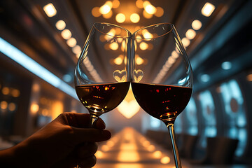 Romantic concept. Two glasses of vine with pink rose petals with bokeh background. Valentine's day banner. Celebration with wine and red rose.
