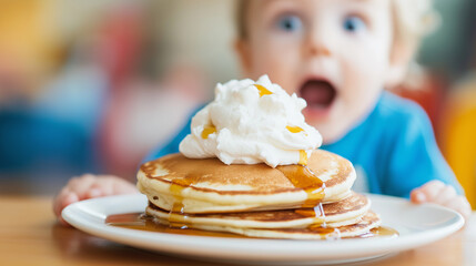 Stack of pancakes with whipped cream and syrup, with a surprised child in the blurred background.