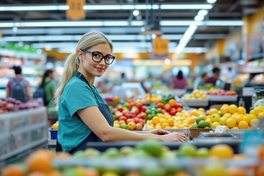 Woman in apron working at a vibrant grocery store with colorful fruits and vegetables in the background. - Powered by Adobe