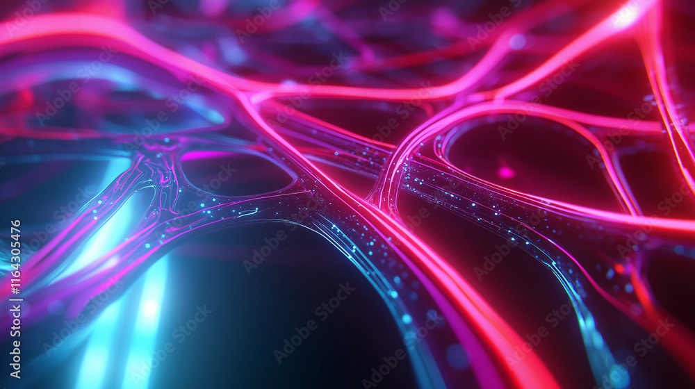 Aufkleber abstract glowing neural network with vibrant pink and blue strands forming a web-like structure.