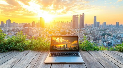 Sunrise laptop view over city skyline urban environment digital workspace inspirational technology