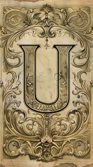 Elegant Vintage Letter U Decorated with Intricate Baroque Ornament