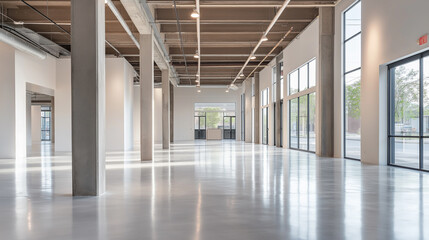 Naklejka premium Spacious empty industrial-style interior with polished floors, large windows, and exposed beams.