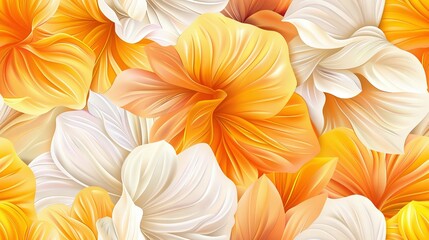 Fototapeta premium A detailed photograph of vibrant orange and white flowers surrounded by lush greenery in the foreground, while a stunning yellow and white flower dominates the center of the frame