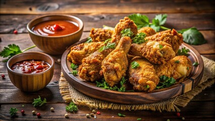 Crispy Fried Chicken Drumsticks with Sauce - Delicious Comfort Food, Perfectly Seasoned, Golden Brown, Appetizing Presentation, Ideal for Family Meals, Gatherings, and Celebrations