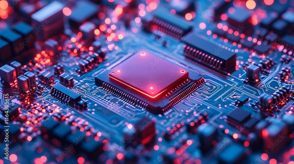 Poster illuminated circuit board: a close-up of a microprocessor