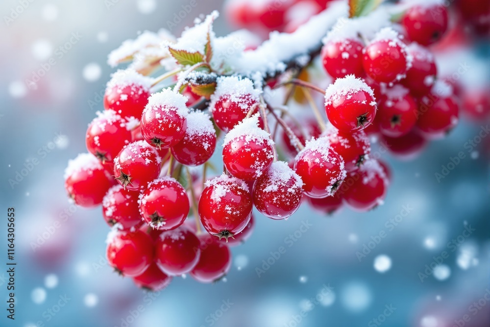 Poster Close-up of red berries covered in snow on a branch with a soft blue background, symbolizing winter and holiday themes.