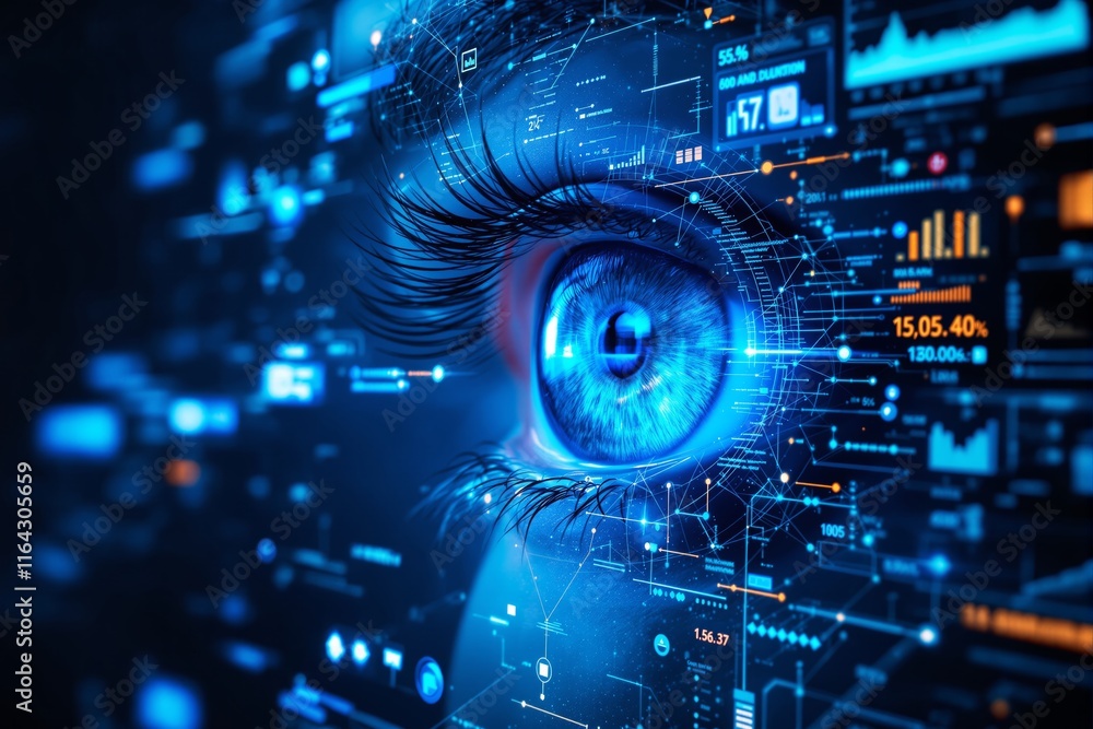 Poster close-up of a digital blue human eye surrounded by virtual data and futuristic interface elements.