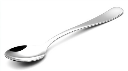 A stainless steel teaspoon lies flat on a pristine white background. Its smooth, reflective surface gleams in the light, casting a subtle glow upon the surrounding area. The teaspoon's simple
