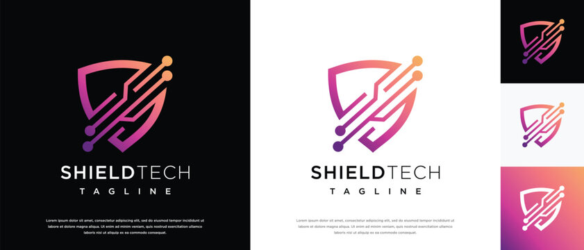 Security shield technology logo design template. Shield digital technology logo design vector icon