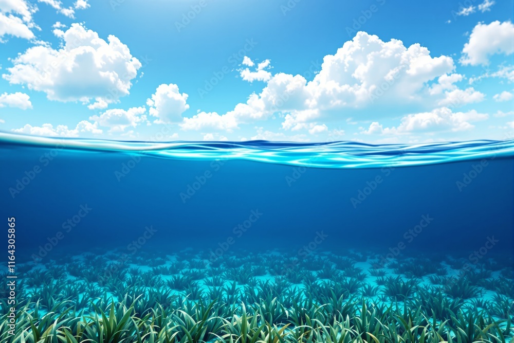 Poster split view of underwater seabed with aquatic plants and clear blue sky with fluffy clouds above.