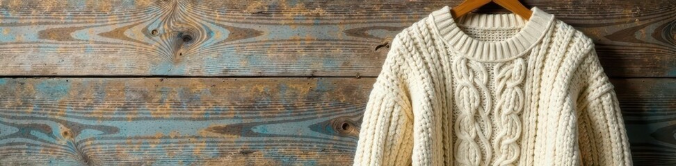 Cream cable knit sweater, rustic wood backdrop, cable knit, rustic