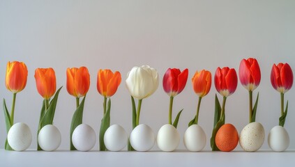 Obraz premium Colorful Tulips and Eggs Arrangement for Spring Celebration with White and Orange Decorative Elements on Plain Background