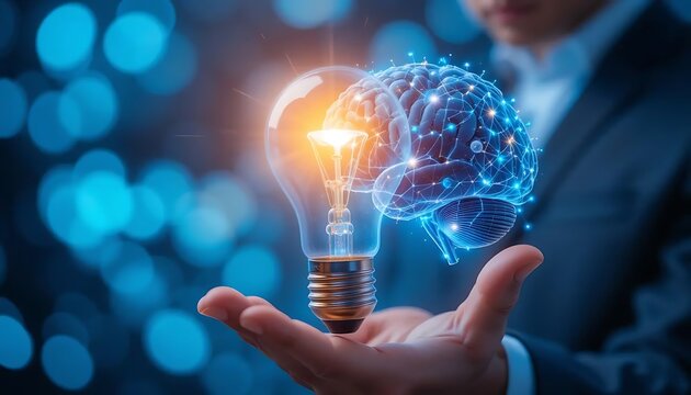 Businessman Holding Half of a Virtual Lightbulb and Brain on a Blue Bokeh Background – Concept of Smart Thinking, Ideas, and Innovation