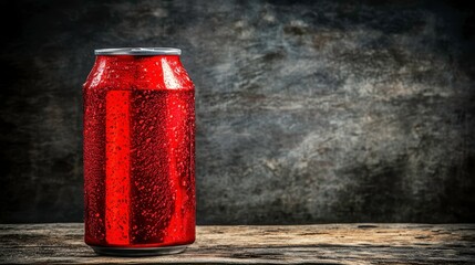 Refreshing red soda can on rustic wooden table creative photography dramatic lighting artistic angle