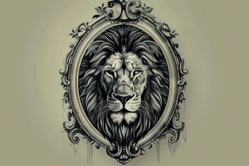 Fototapeta premium Majestic Lion in an Ornate Frame: A Black and White Masterpiece