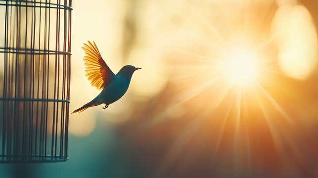   A bird escaping a cage, bathed in sunlight, with the bird focal point