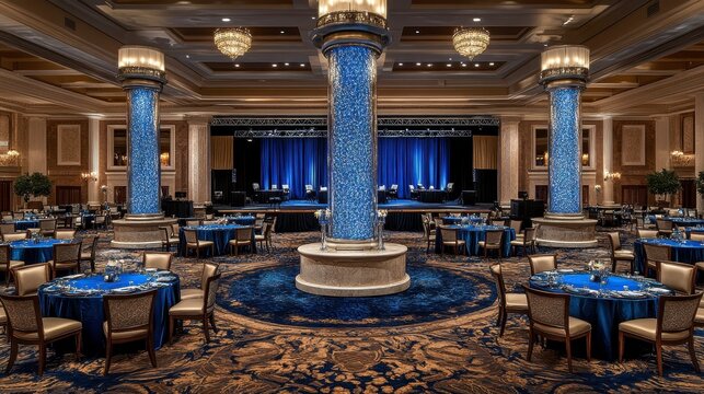 Elegant conference setup in luxurious ballroom corporate event formal atmosphere indoor elegance
