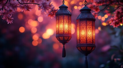 Two illuminated lanterns hanging from a flowering branch at dusk.