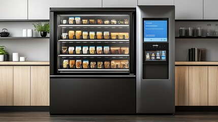 Vending machine displaying snacks and drinks modern office kitchen product showcase contemporary design