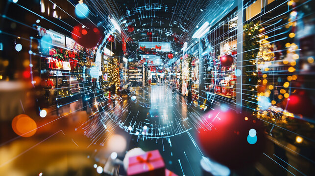 A digital shopping screen displaying an array of Christmas gifts, encircled by virtual decorations and shopping carts, embodying the spirit of holiday shopping