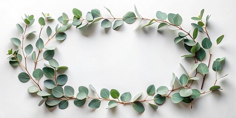 Elegant Floral Frame with Eucalyptus Leaves on White Background - Flat Lay Food Photography for Invitations, Decor, and Culinary Presentations